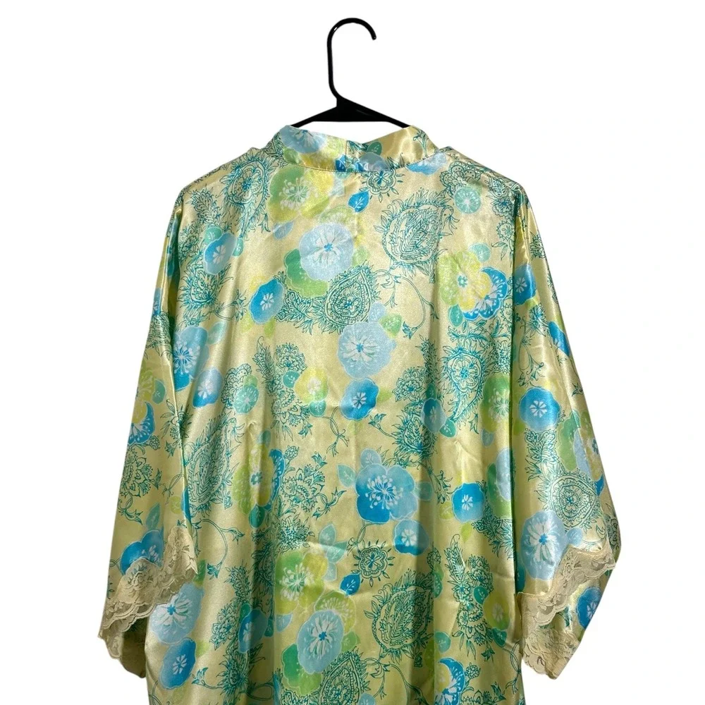 Secret Treasures Kimono Robe Tender Lemon Floral Paisley Lace Trim Satin Size XL